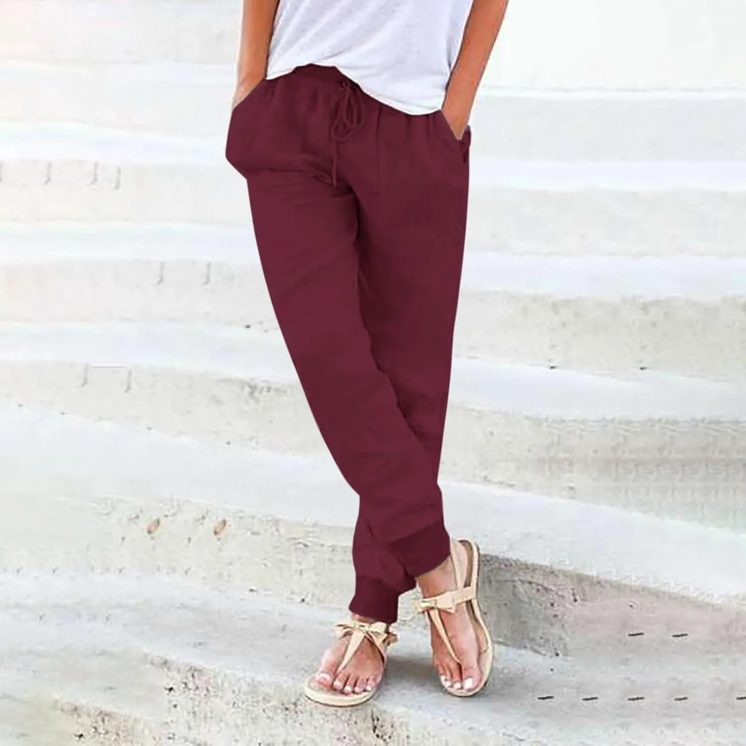 Women's Cotton Linen Summer Fashion Pant Trousers Elastic Waist Stretchy Slim-Fit Palazzo Lounge Pants