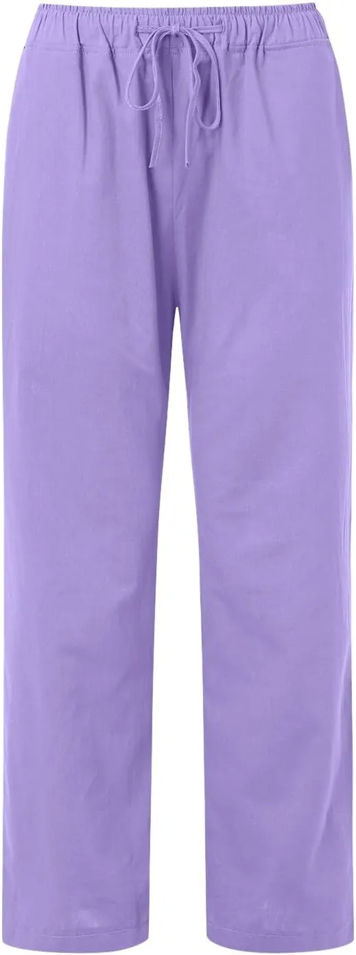 Womens Cotton Linen Summer Lightweigt Pants Elastic Waisted Stretchy Slim-Fit Pant Trousers Trendy