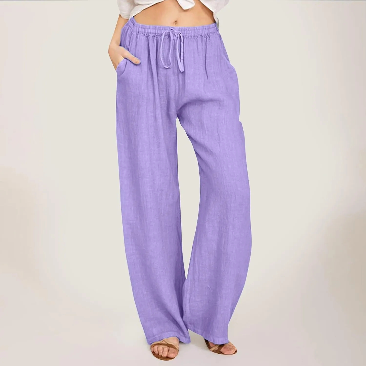 Womens Cotton Linen Summer Lightweigt Pants Elastic Waisted Stretchy Slim-Fit Pant Trousers Trendy