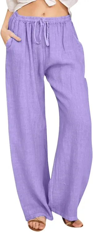 Womens Cotton Linen Summer Lightweigt Pants Elastic Waisted Stretchy Slim-Fit Pant Trousers Trendy
