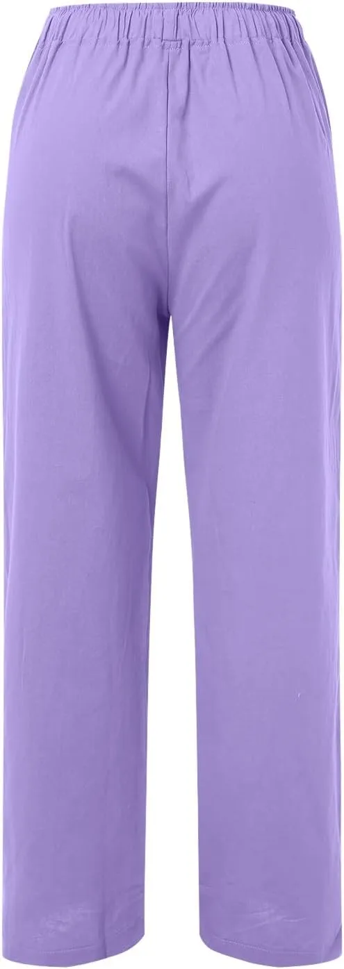 Womens Cotton Linen Summer Lightweigt Pants Elastic Waisted Stretchy Slim-Fit Pant Trousers Trendy