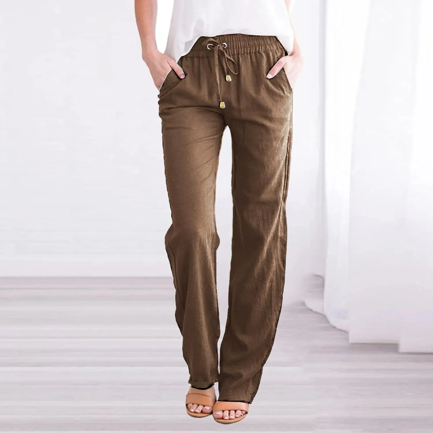 Womens Cotton Linen Summer Printed Pant Trousers Elastic Waisted Stretchy Loose Fit Palazzo Pants Travel