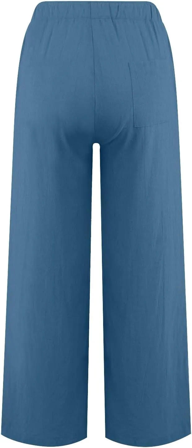 Womens Cotton Linen Summer Printed Pant Trousers Elastic Waisted Stretchy Loose Fit Palazzo Pants Travel