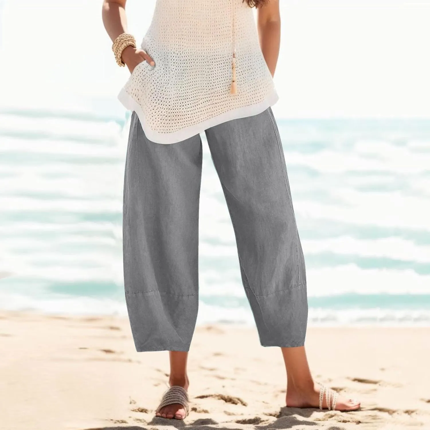 Women's Cotton Linen Summer Printed Pants Elastic Waisted Stretchy Slim Fit Pant Trousers Vacation
