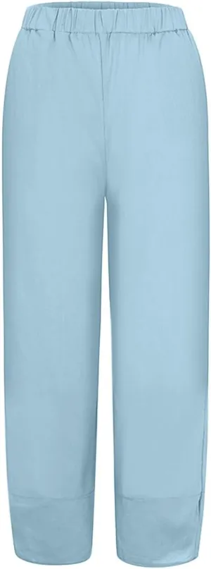 Women's Cotton Linen Summer Printed Pants Elastic Waisted Stretchy Slim Fit Pant Trousers Vacation