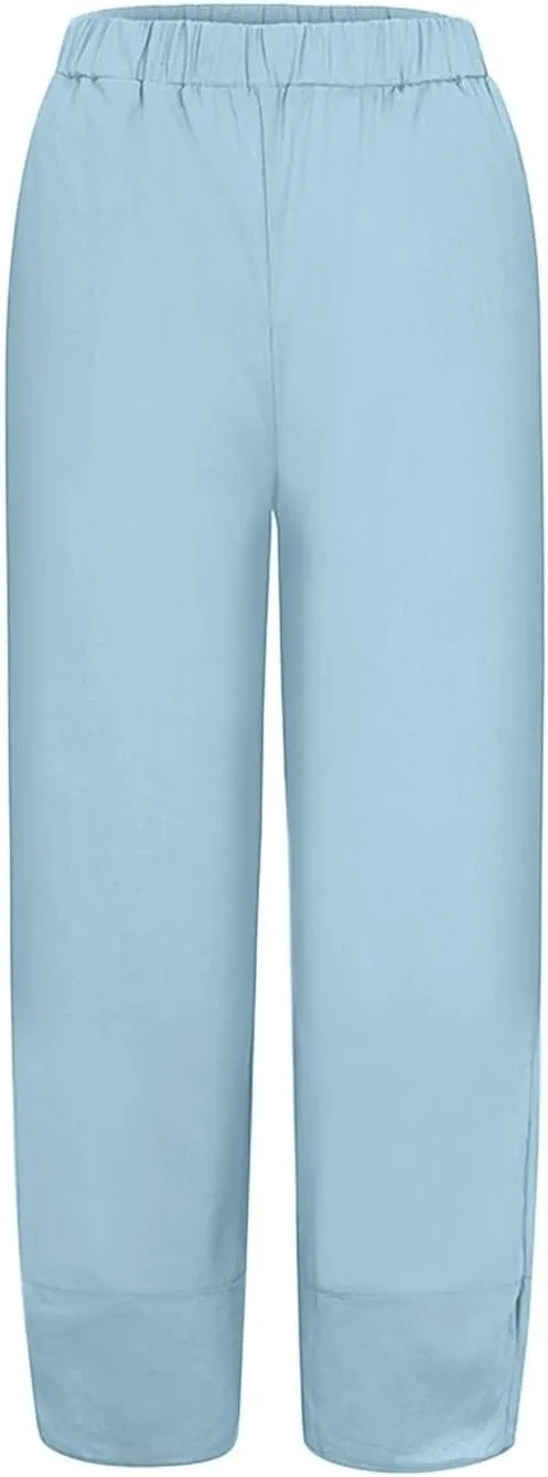 Women's Cotton Linen Summer Printed Pants Elastic Waisted Stretchy Slim Fit Pant Trousers Vacation