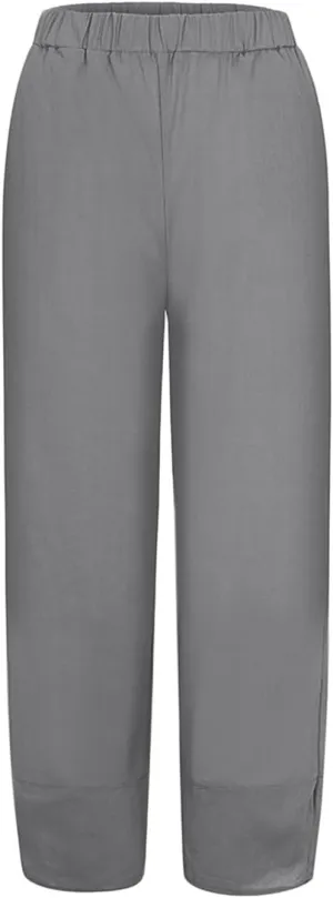Women's Cotton Linen Summer Printed Pants Elastic Waisted Stretchy Slim Fit Pant Trousers Vacation
