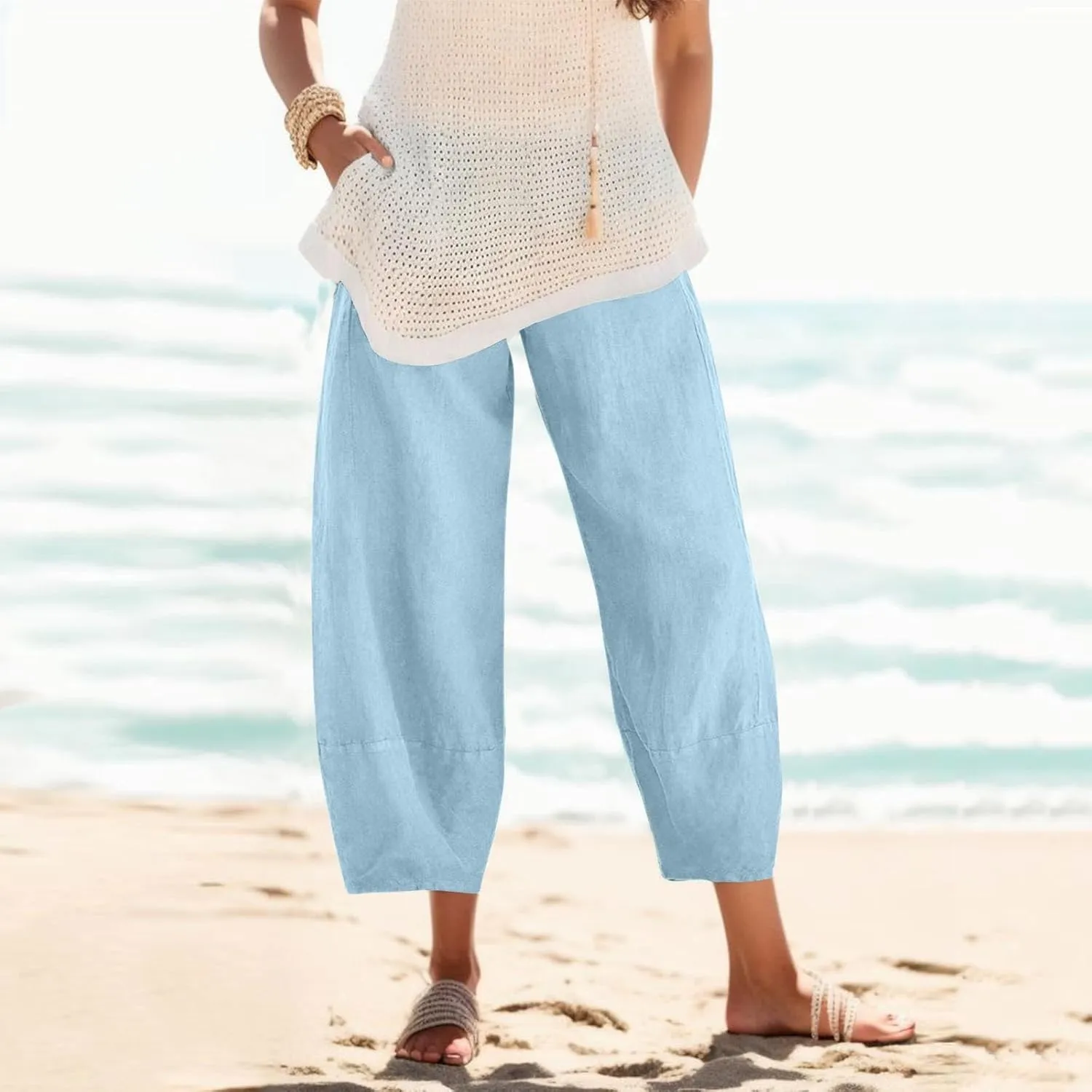 Women's Cotton Linen Summer Printed Pants Elastic Waisted Stretchy Slim Fit Pant Trousers Vacation
