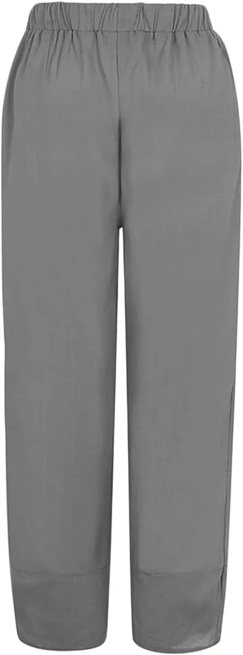 Women's Cotton Linen Summer Printed Pants Elastic Waisted Stretchy Slim Fit Pant Trousers Vacation
