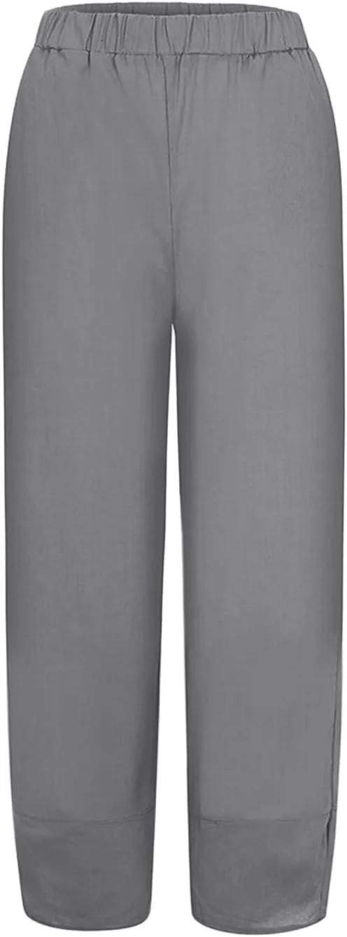 Women's Cotton Linen Summer Printed Pants Elastic Waisted Stretchy Slim Fit Pant Trousers Vacation