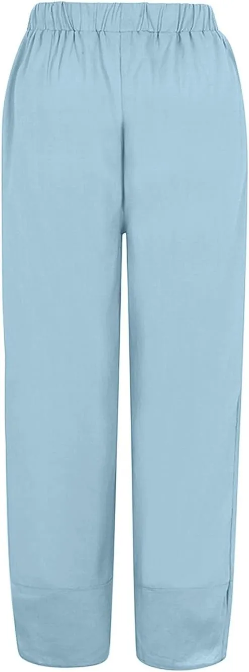 Women's Cotton Linen Summer Printed Pants Elastic Waisted Stretchy Slim Fit Pant Trousers Vacation