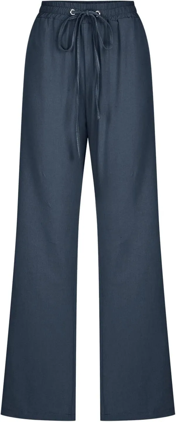 Women's Cotton Linen Summer Striped Palazzo Pants Elastic Waist Stretchy Slim Fit Trousers Office