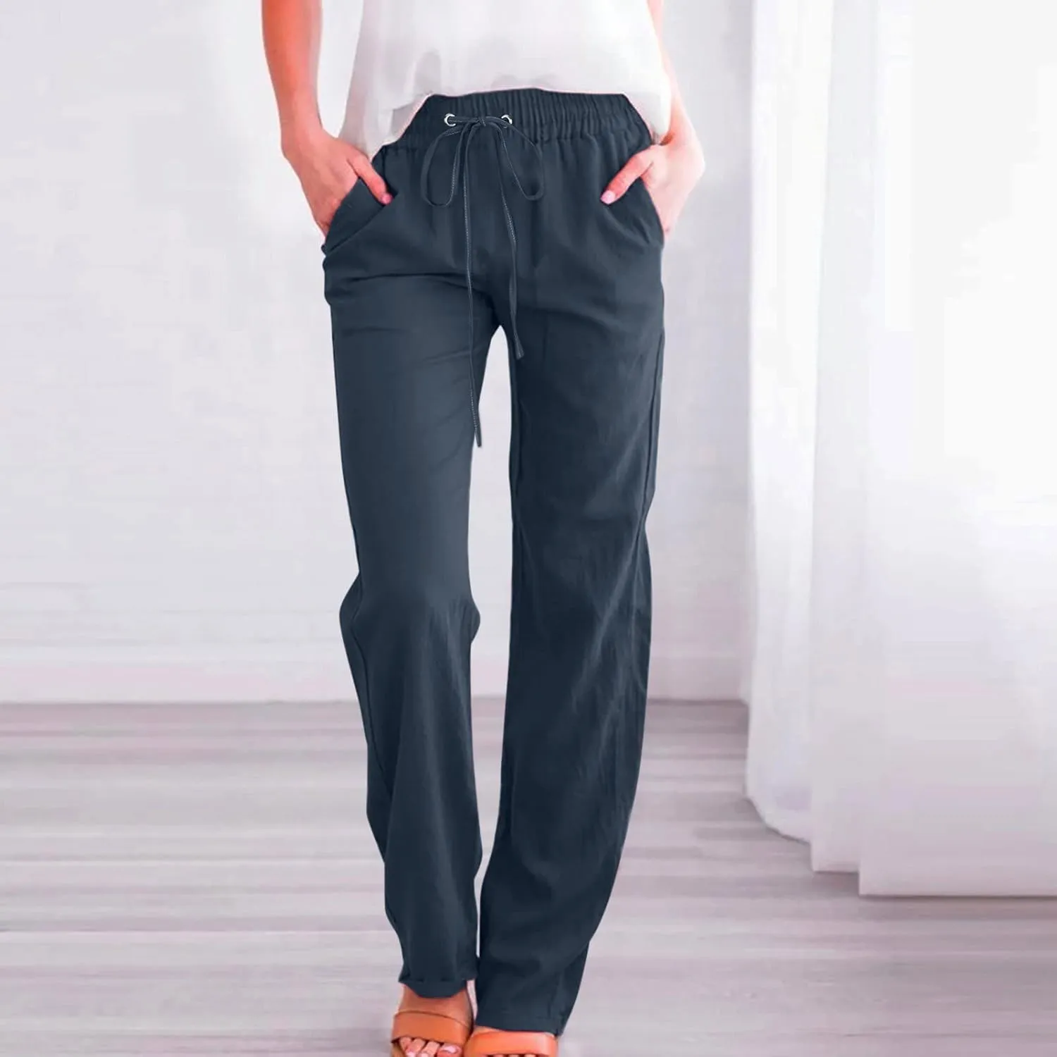 Women's Cotton Linen Summer Striped Palazzo Pants Elastic Waist Stretchy Slim Fit Trousers Office