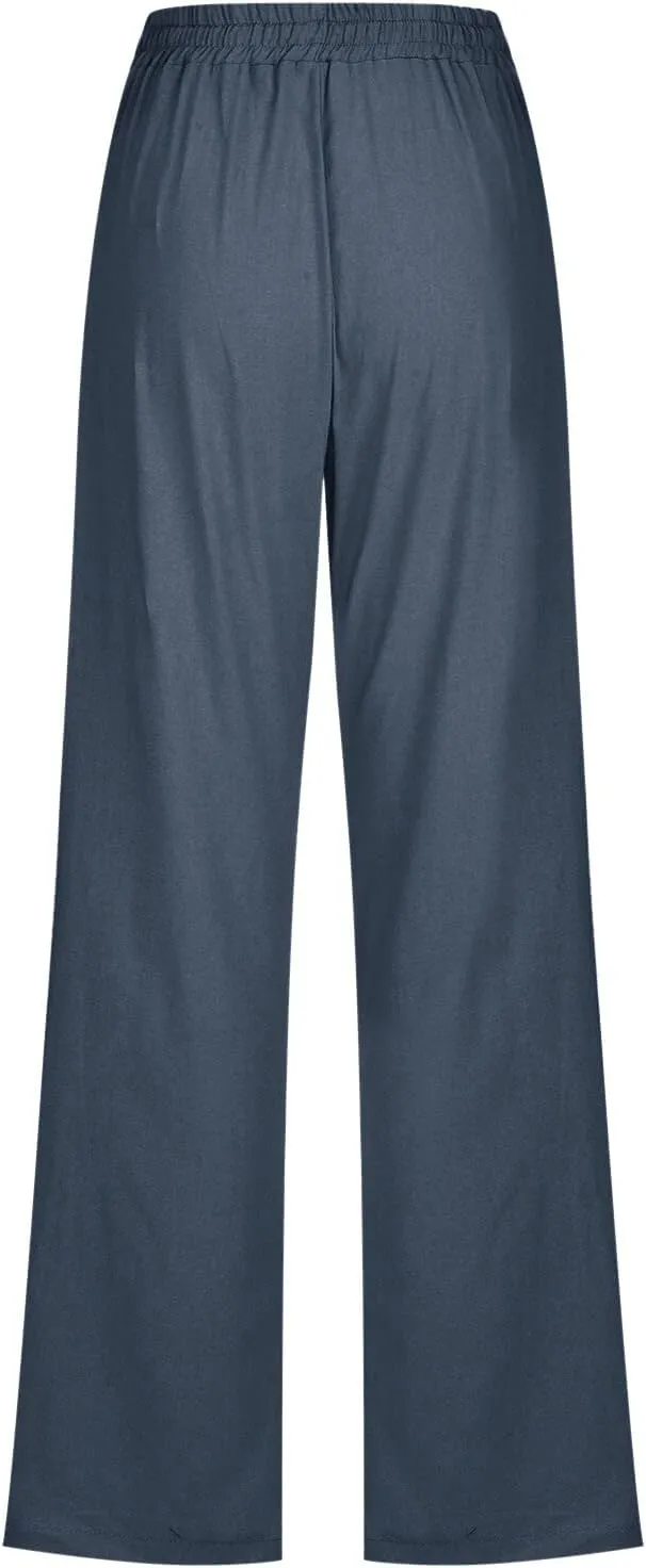 Women's Cotton Linen Summer Striped Palazzo Pants Elastic Waist Stretchy Slim Fit Trousers Office
