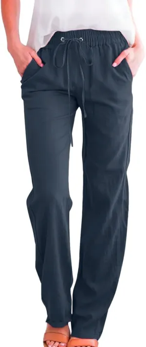 Women's Cotton Linen Summer Striped Palazzo Pants Elastic Waist Stretchy Slim Fit Trousers Office