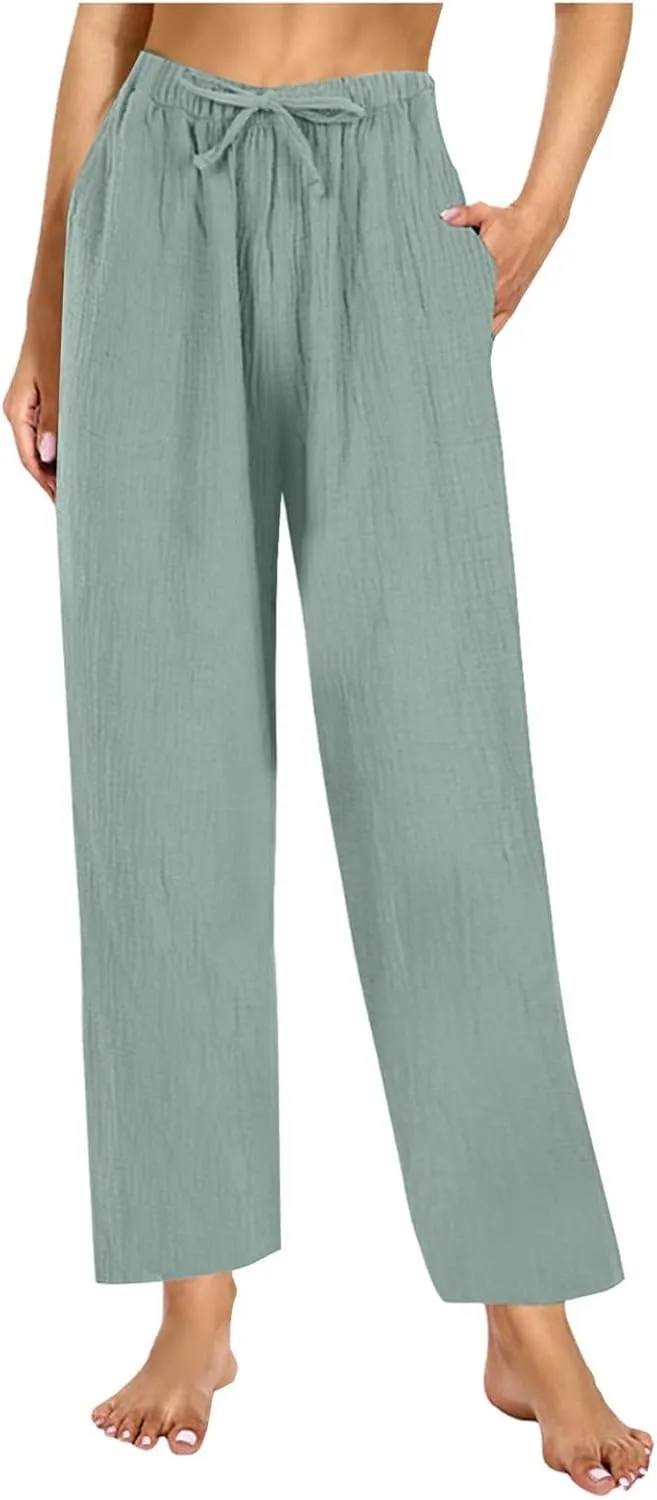 Women's Cotton Linen Summer Y2K Streetwear Palazzo Lounge Pants Elastic Waist Baggy Stretchy Slim-Fit