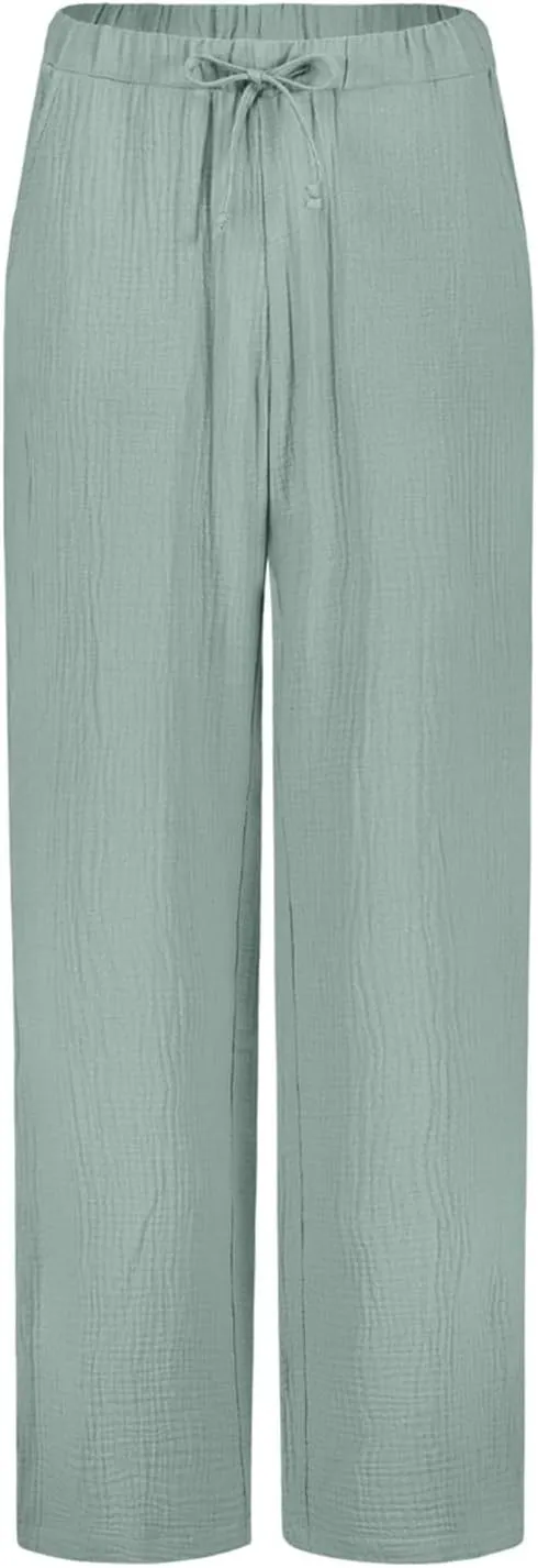 Women's Cotton Linen Summer Y2K Streetwear Palazzo Lounge Pants Elastic Waist Baggy Stretchy Slim-Fit