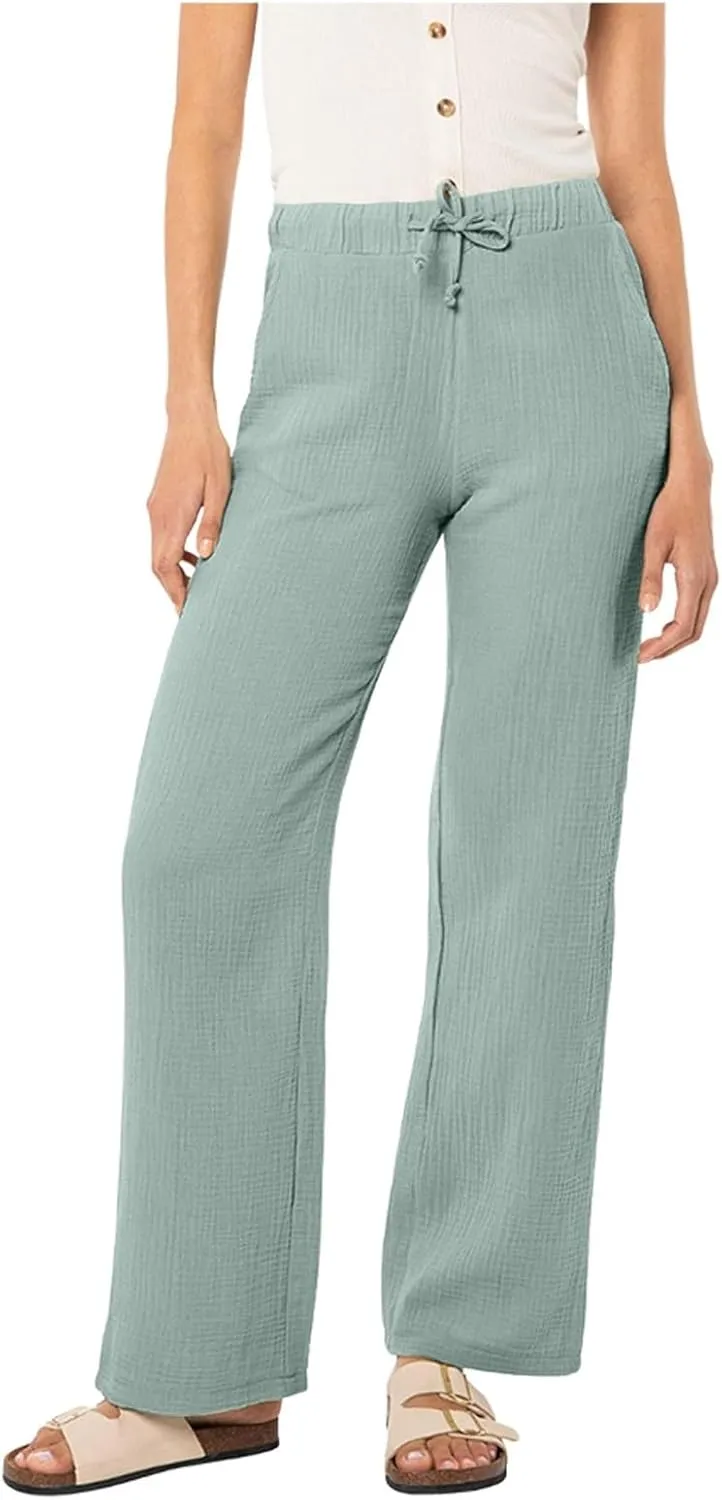 Women's Cotton Linen Summer Y2K Streetwear Palazzo Lounge Pants Elastic Waist Baggy Stretchy Slim-Fit