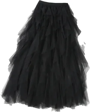 Womens Elastic High Waist Tulle Mesh Irregular Skirt Summer Girls Party Kid Girl Pleated Long Midi Skirts