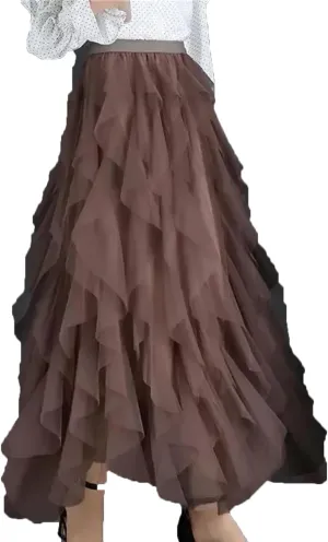Womens Elastic High Waist Tulle Mesh Irregular Skirt Summer Girls Party Kid Girl Pleated Long Midi Skirts