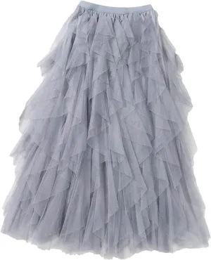 Womens Elastic High Waist Tulle Mesh Irregular Skirt Summer Girls Party Kid Girl Pleated Long Midi Skirts