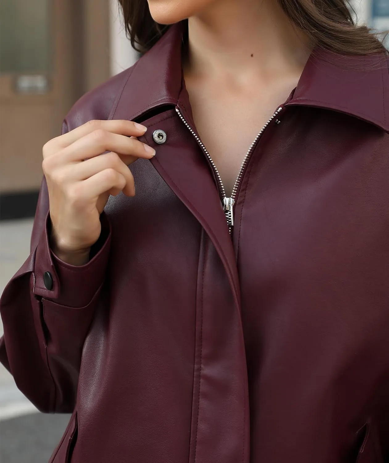 Women's Faux Leather Jackets Long Sleeve Zipper Oversized Motorcycle Biker Coat Trendy Travel Casual Outfits