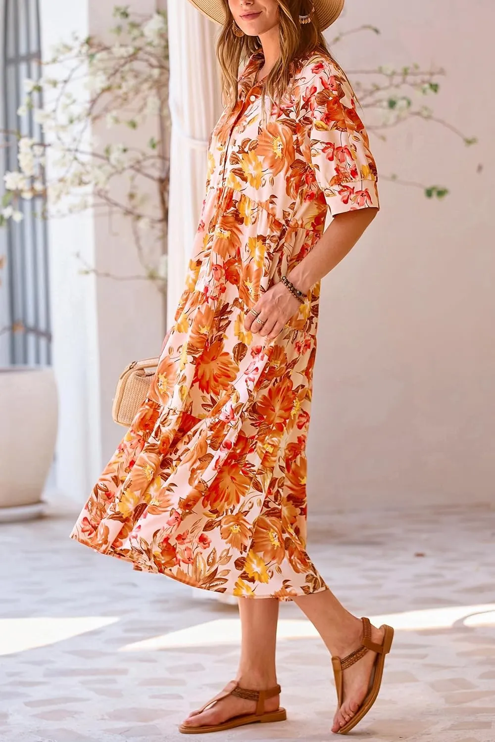 Women's Floral Midi Dress Summer Flowy Boho Dresses Peplum Short Sleeve Button A-line Skirts Vacation Beach Sundress