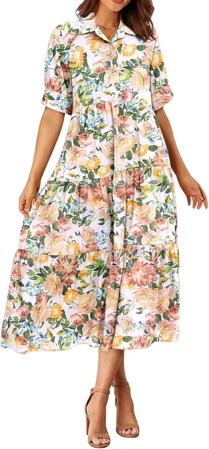 Women's Floral Midi Dress Summer Flowy Boho Dresses Peplum Short Sleeve Button A-line Skirts Vacation Beach Sundress