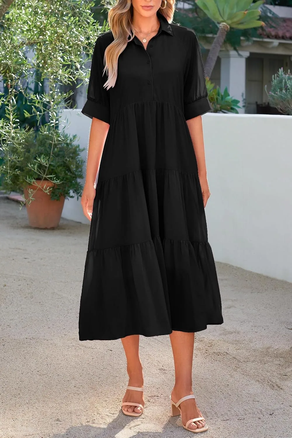 Women's Floral Midi Dress Summer Flowy Boho Dresses Peplum Short Sleeve Button A-line Skirts Vacation Beach Sundress