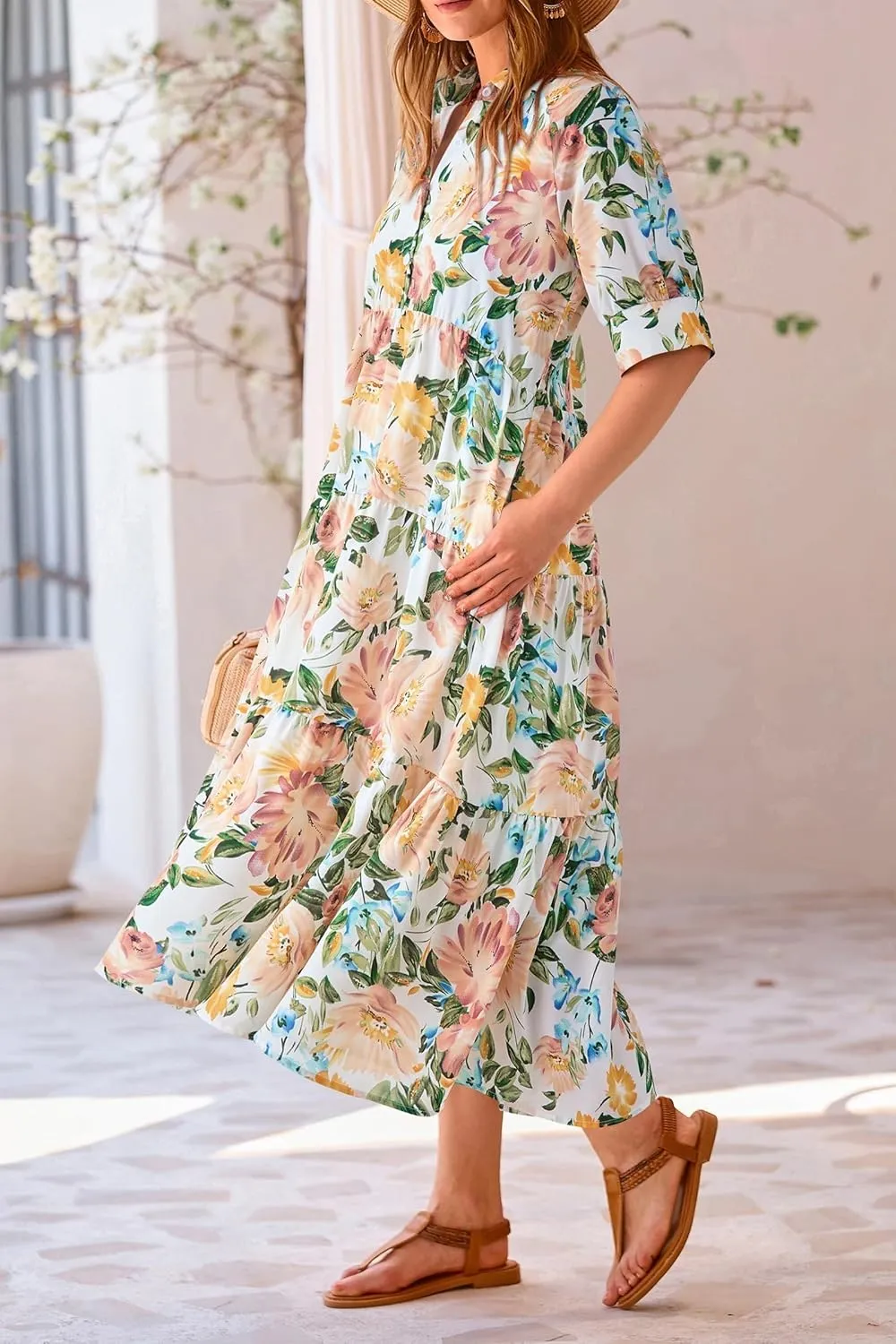 Women's Floral Midi Dress Summer Flowy Boho Dresses Peplum Short Sleeve Button A-line Skirts Vacation Beach Sundress