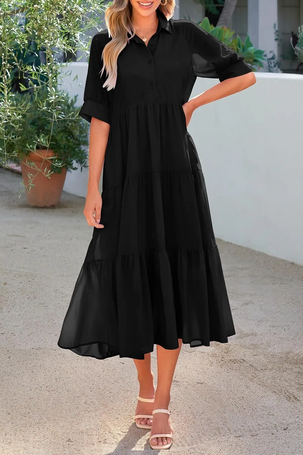 Women's Floral Midi Dress Summer Flowy Boho Dresses Peplum Short Sleeve Button A-line Skirts Vacation Beach Sundress
