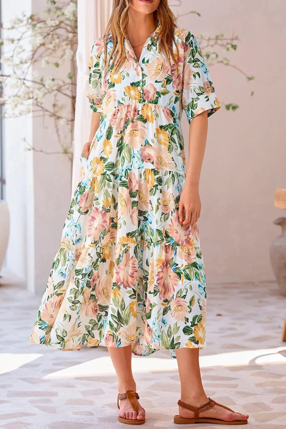 Women's Floral Midi Dress Summer Flowy Boho Dresses Peplum Short Sleeve Button A-line Skirts Vacation Beach Sundress