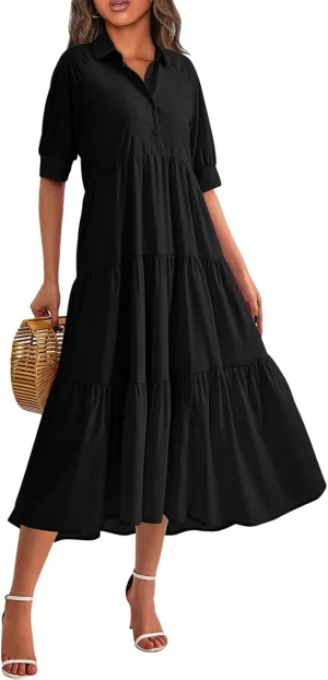 Women's Floral Midi Dress Summer Flowy Boho Dresses Peplum Short Sleeve Button A-line Skirts Vacation Beach Sundress