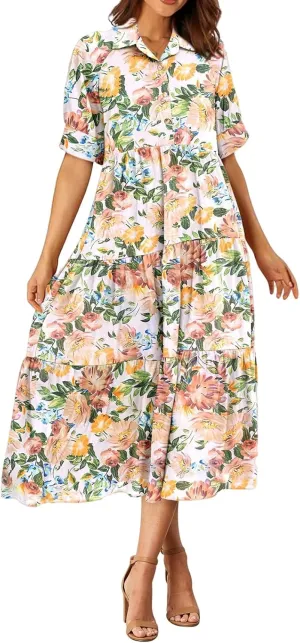 Women's Floral Midi Dress Summer Flowy Boho Dresses Peplum Short Sleeve Button A-line Skirts Vacation Beach Sundress