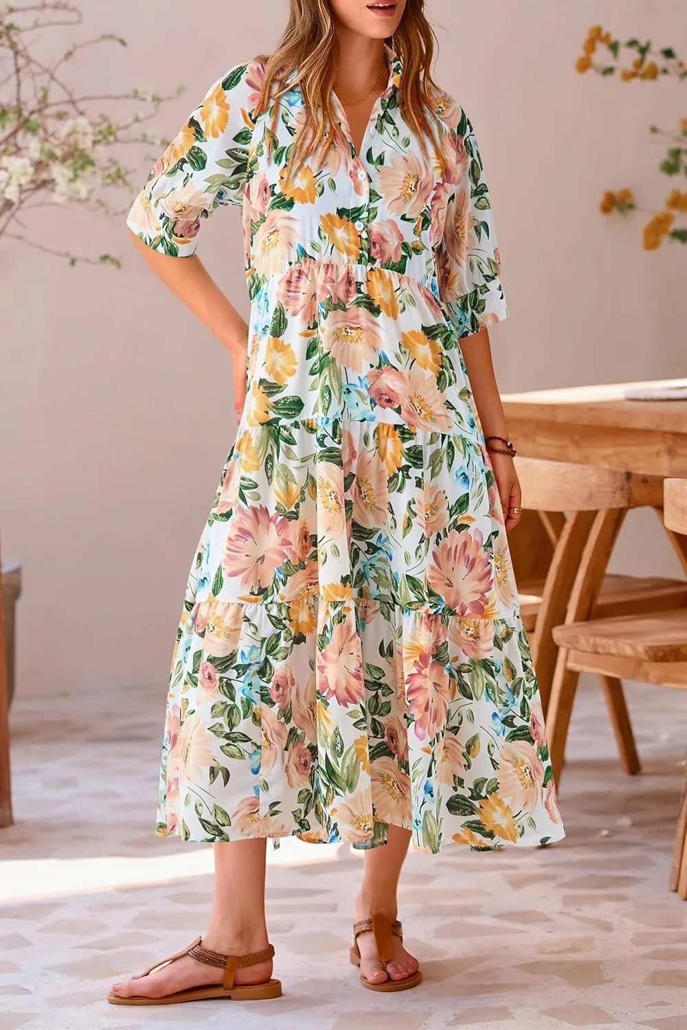 Women's Floral Midi Dress Summer Flowy Boho Dresses Peplum Short Sleeve Button A-line Skirts Vacation Beach Sundress