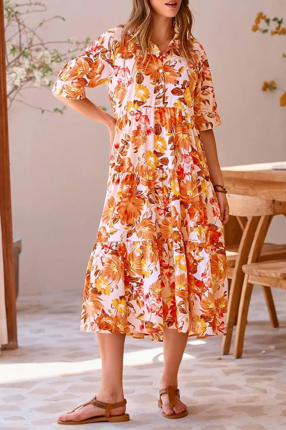 Women's Floral Midi Dress Summer Flowy Boho Dresses Peplum Short Sleeve Button A-line Skirts Vacation Beach Sundress