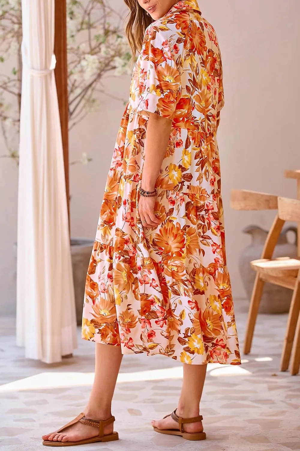 Women's Floral Midi Dress Summer Flowy Boho Dresses Peplum Short Sleeve Button A-line Skirts Vacation Beach Sundress