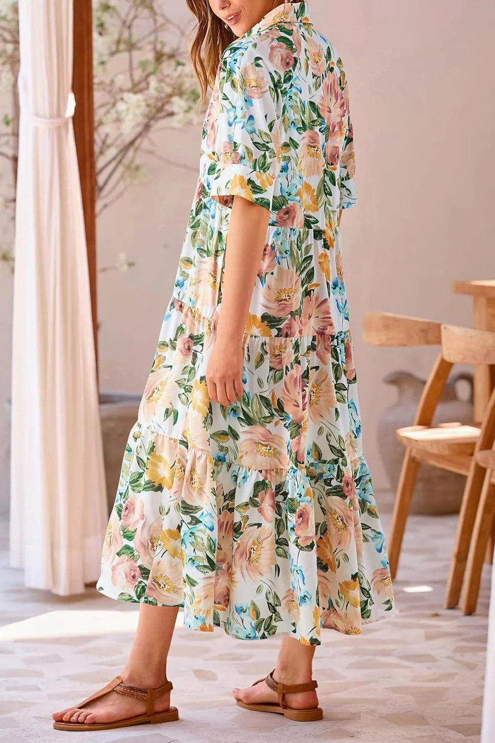 Women's Floral Midi Dress Summer Flowy Boho Dresses Peplum Short Sleeve Button A-line Skirts Vacation Beach Sundress