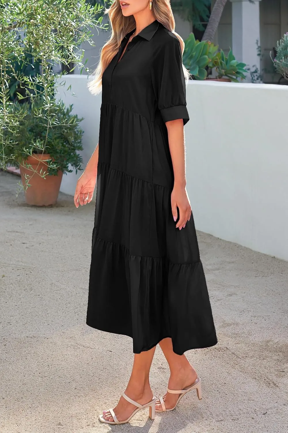 Women's Floral Midi Dress Summer Flowy Boho Dresses Peplum Short Sleeve Button A-line Skirts Vacation Beach Sundress