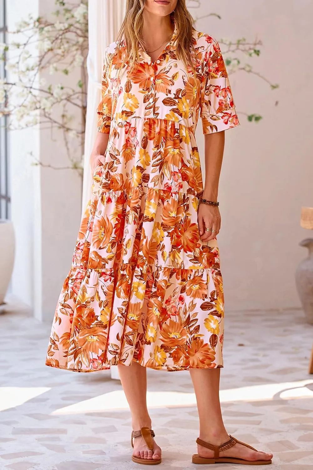 Women's Floral Midi Dress Summer Flowy Boho Dresses Peplum Short Sleeve Button A-line Skirts Vacation Beach Sundress