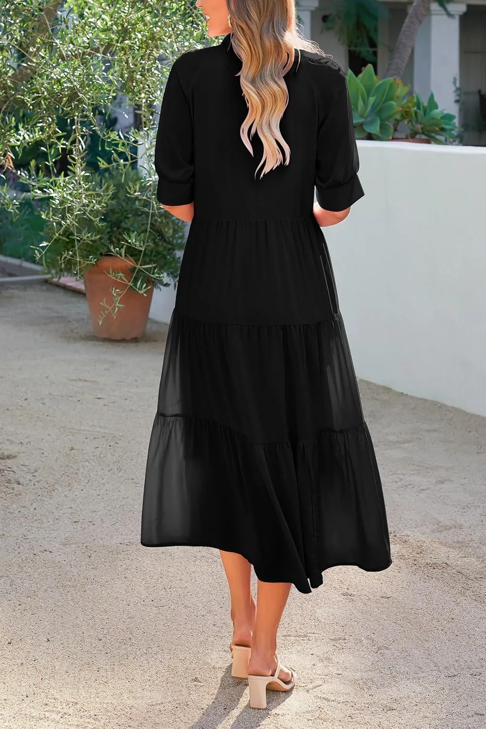 Women's Floral Midi Dress Summer Flowy Boho Dresses Peplum Short Sleeve Button A-line Skirts Vacation Beach Sundress