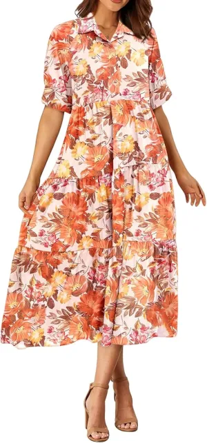 Women's Floral Midi Dress Summer Flowy Boho Dresses Peplum Short Sleeve Button A-line Skirts Vacation Beach Sundress