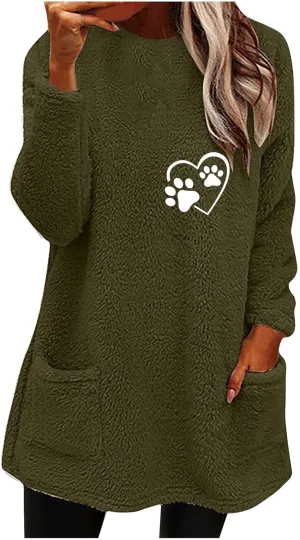 Womens Fuzzy Fleece Sweatshirts Casual Loose Oversized Sherpa Pullovers Cute Graphic Soft Comfy Sweaters Loungewear
