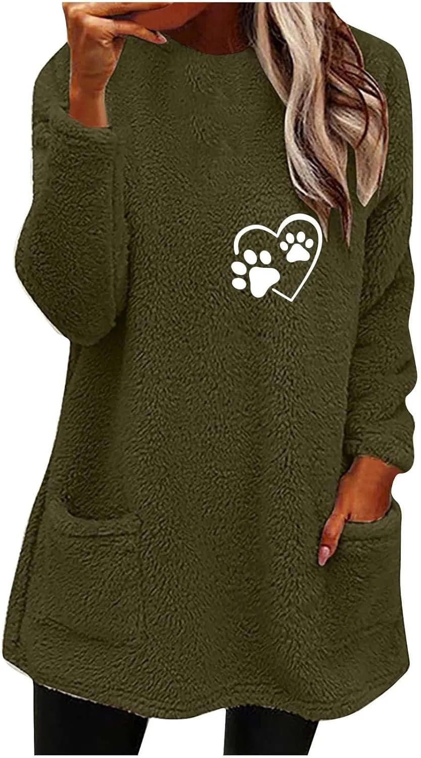 Womens Fuzzy Fleece Sweatshirts Casual Loose Oversized Sherpa Pullovers Cute Graphic Soft Comfy Sweaters Loungewear