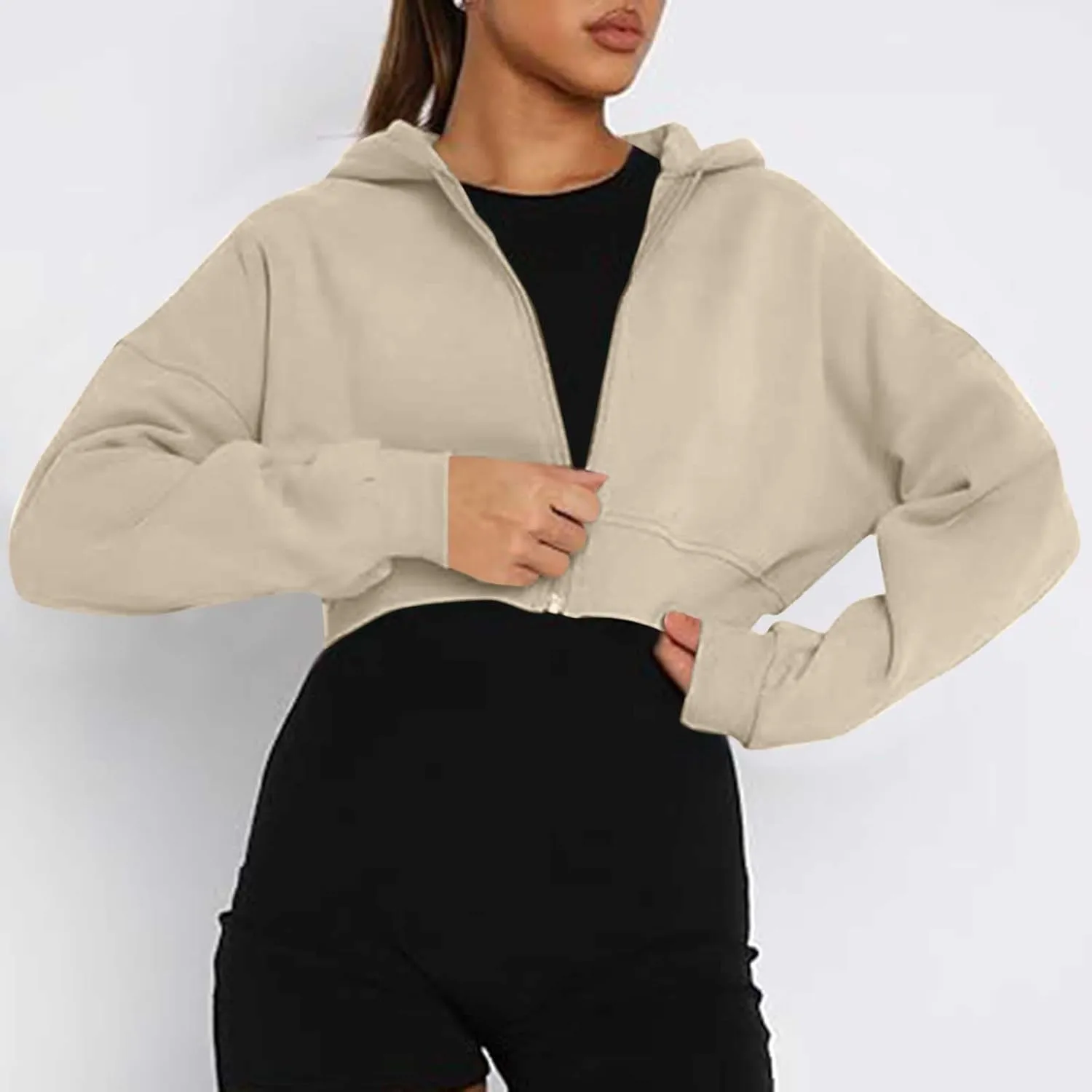 Women's Half Zipper Cropped Sweatshirts Hoodie Pullover, 2024 Outfits Loose Basic Comfy Basic Tops with Thumb Hole