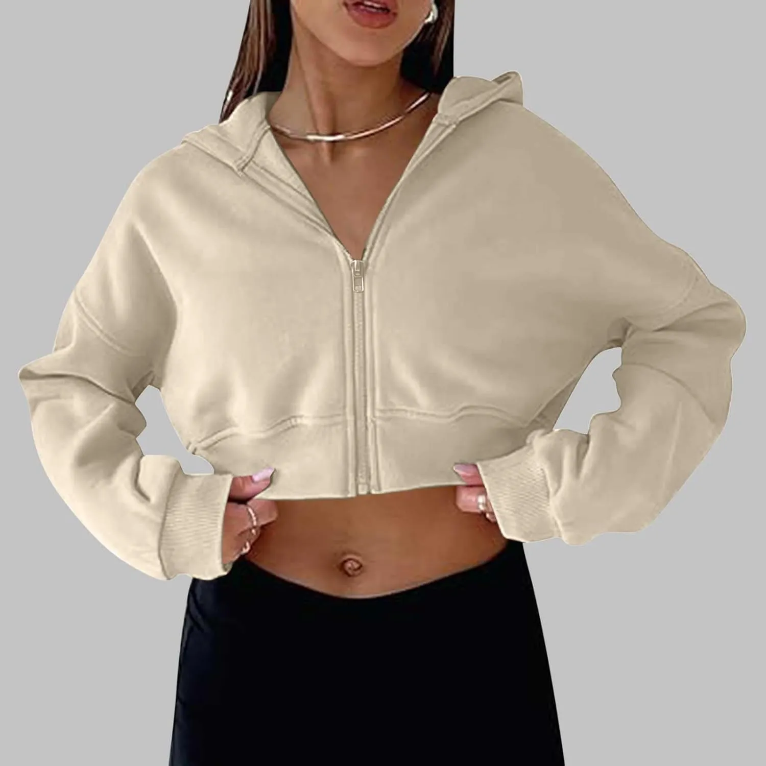 Women's Half Zipper Cropped Sweatshirts Hoodie Pullover, 2024 Outfits Loose Basic Comfy Basic Tops with Thumb Hole