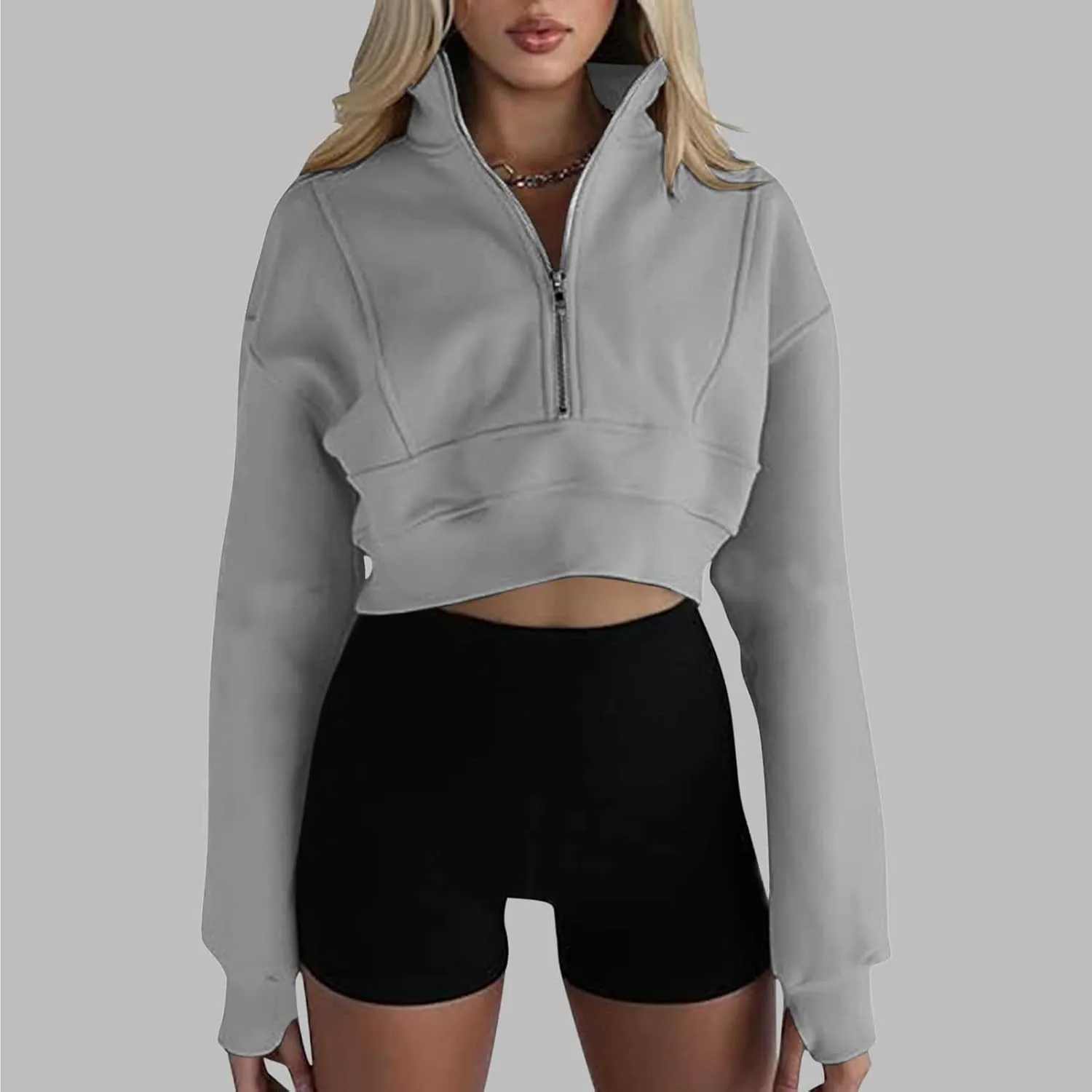 Women's Half Zipper Cropped Sweatshirts Hoodie Pullover, 2024 Outfits Loose Basic Comfy Basic Tops with Thumb Hole