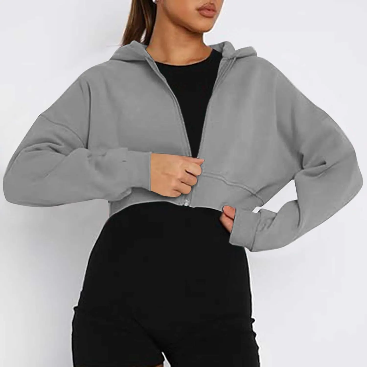 Women's Half Zipper Cropped Sweatshirts Hoodie Pullover, 2024 Outfits Loose Basic Comfy Basic Tops with Thumb Hole
