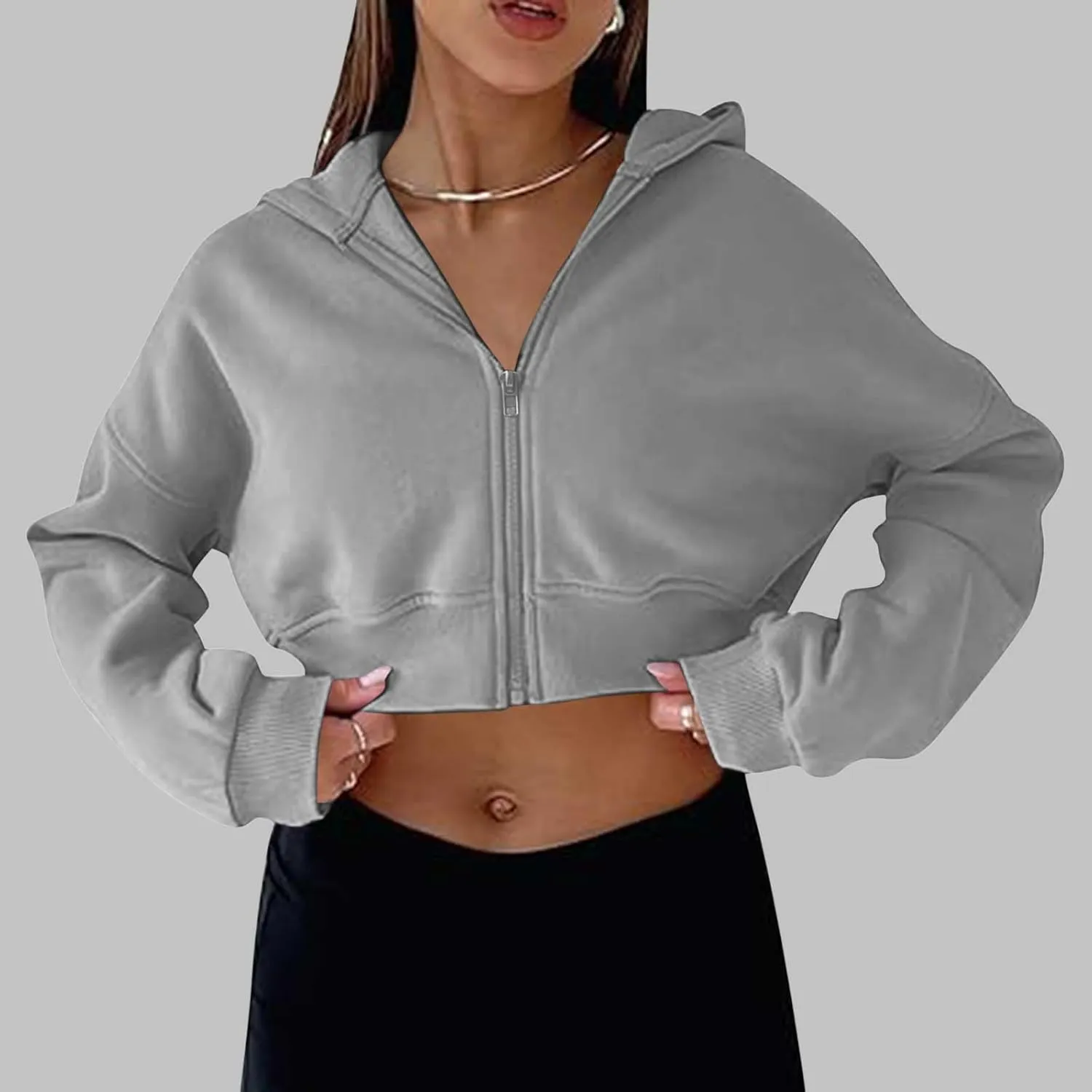 Women's Half Zipper Cropped Sweatshirts Hoodie Pullover, 2024 Outfits Loose Basic Comfy Basic Tops with Thumb Hole