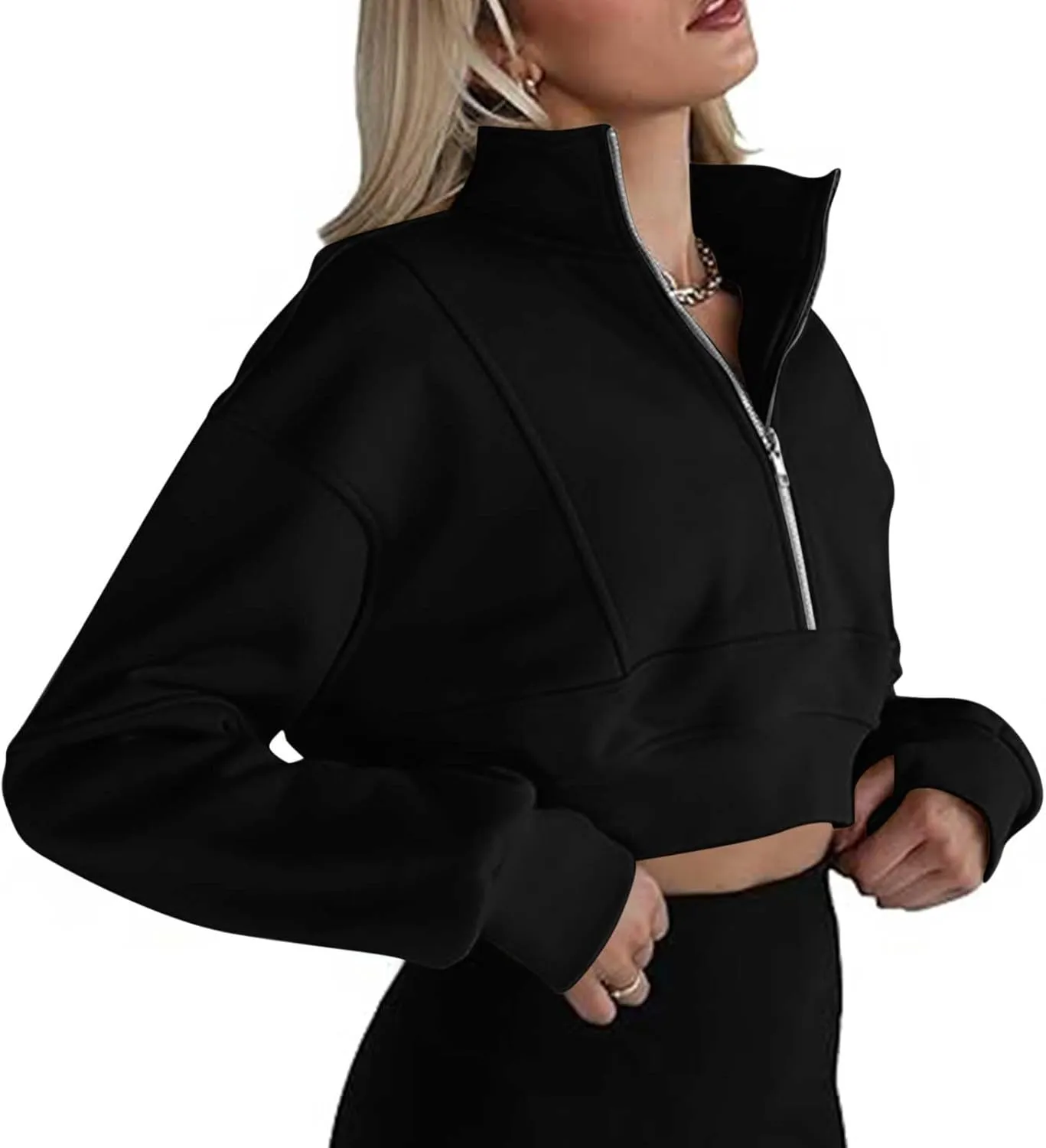 Women's Half Zipper Cropped Sweatshirts Hoodie Pullover, 2024 Outfits Loose Basic Comfy Basic Tops with Thumb Hole